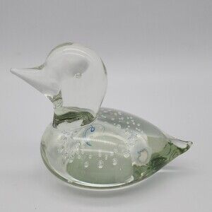 Duck Swimming Art Glass Paperweight with Controlled Bubbles Clear Glass